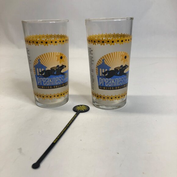 2 Preakness 128 Stakes 2003 Pimlico Baltimore Souvenir Glass Cup with Stirrer - Picture 1 of 15